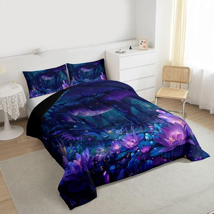 Feelyou Dragon Comforter Set Queen Size Dragon Stuff Bedding Set for Kids Boys Girls Wild Life Duvet Quilt Magic Wildlife Bedroom Decor Purple and Black Microfiber 3 Pcs with 2 Pillow Cases