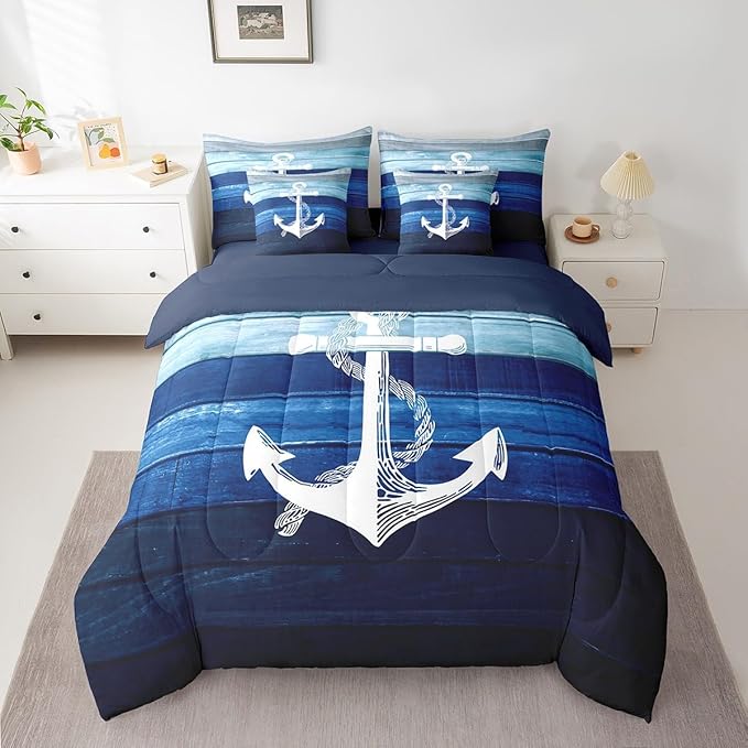 7 Pcs Sailing Anchor Bedding Sets Gradient Blue Wooden Stripes Comforter Set for Kids Teens Adults Bed in a Bag(Comforter,Flat Sheet,Fitted Sheet,2 Pillowcases,2 Pillow Covers) Queen Size