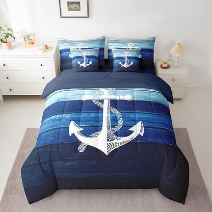 7 Pcs Sailing Anchor Bedding Sets Gradient Blue Wooden Stripes Comforter Set for Kids Teens Adults Bed in a Bag(Comforter,Flat Sheet,Fitted Sheet,2 Pillowcases,2 Pillow Covers) Queen Size