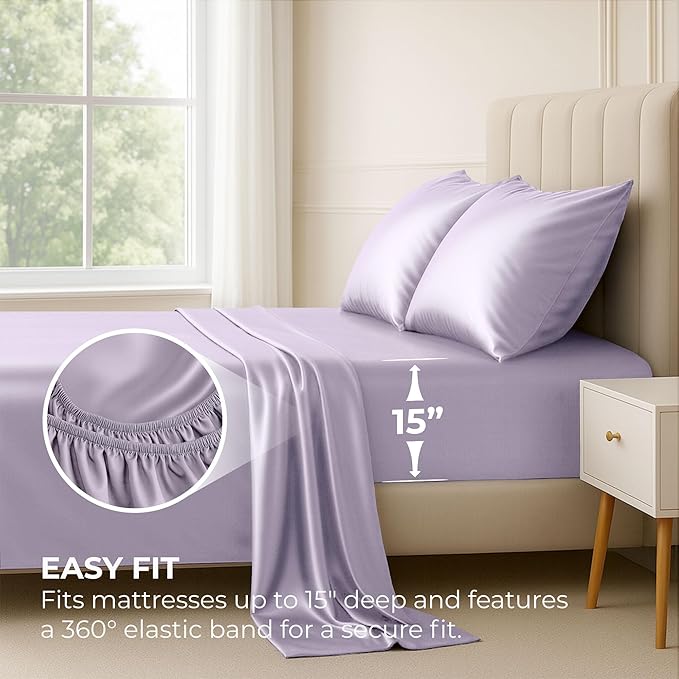 Pure Bedding Satin Sheets Full [4-Piece, Lavender] Hotel Luxury Silky Bed Sheets - Extra Soft 1800 Microfiber Sheet Set, Wrinkle, Fade, Deep Pocket Fitted Sheet, Flat Sheet, Pillow Cases