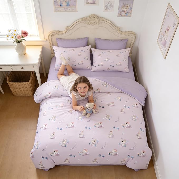Taro Purple Comforter Set King Size for Girls, 3Pcs Botanical Floral Bedding for Kids Kawaii Bedroom Decor, Cute Priness Girly Cat Kitten Comforter Set with 2 Pillowcases, 90"x90"
