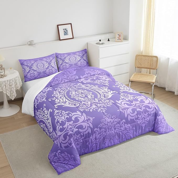 Feelyou Adults Purple Vintage Damask Floral Comforter Set Oriental Antique Comforter Full Size Gothic Bohemia Boho Flower Bedding Set Bohemian Exotic Duvet Set Quilt Set 3Pcs