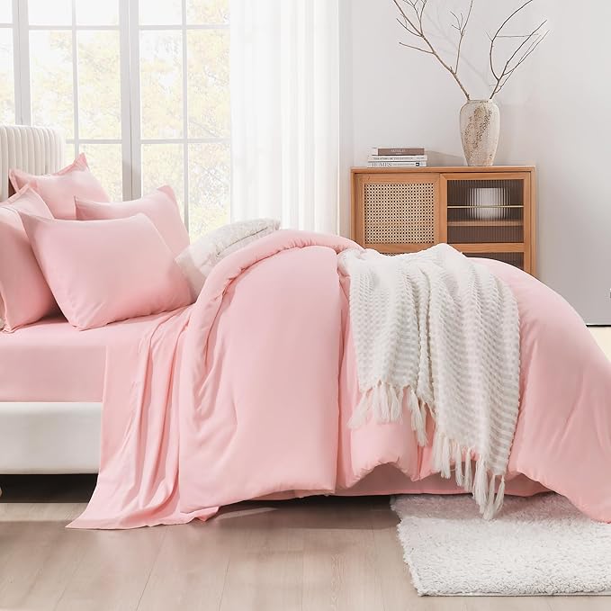 Litanika Queen Comforter Set Pink - 7 Pieces Bed in a Bag Queen Bedding Comforter Sets, Solid Lightweight Bed Set with Comforter, Sheets, Pillowcases & Shams