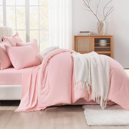 Litanika Twin/Twin XL Size Comforter Sets Pink - 5 Pieces Bed in a Bag Twin/Twin XL Bedding Comforter Sets, Solid Lightweight Bed Set with Comforter, Sheets, Pillowcase & Sham