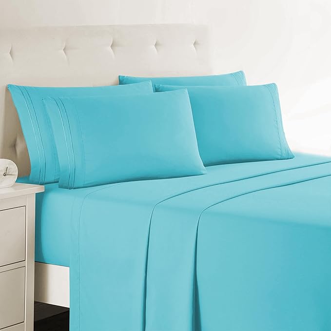 Clara Clark Cal King Sheets, 6 Piece Set - Hotel Luxury Sheets for Cal King Size Bed, Super Soft Bedding Set, Cal King Size, Beach Blue