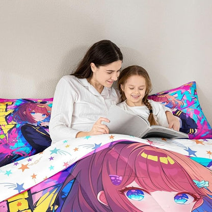 Erosebridal Girls Japanese Anime Comforter Set King, Kawaii Anime Girl Bedding Set Cartoon Girl Duvet Insert for Kids Teens Adult, Japanese Animation Sci Fi Style Quilt with 2 Pillow Cases