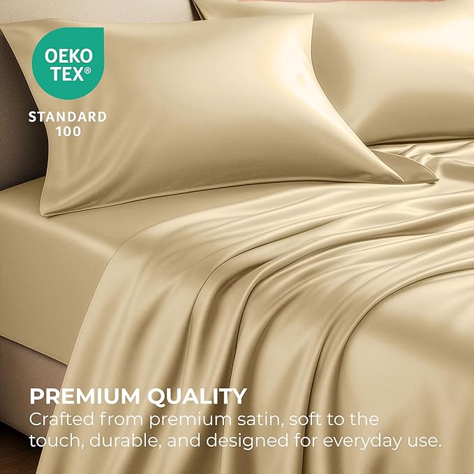 Satin Sheets Full [4-Piece, Ivory] Hotel Luxury Silky Bed Sheets - Extra Soft 1800 Microfiber Sheet Set, Wrinkle, Fade, Stain Resistant - Deep Pocket Fitted Sheet, Flat Sheet, Pillow Cases