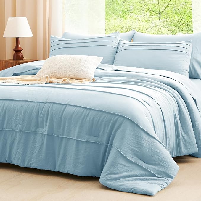 CozyLux Queen Comforter Set Light Blue, 7 Pieces Soft Pinch Pleat Bed in a Bag Queen Comforter Set with Sheets, Boho Bed Set with Down Alternative Comforter, Sheets, Pillowcases & Shams