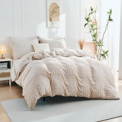 HYMOKEGE Beige Duvet Cover Full Size, Ultra Soft 3-Piece Seersucker Duvet Cover Set with Zipper Closure, Soft Brushed Microfiber Bedding Set with 8 Corner Ties (80"x90", 2 Pillowshams)
