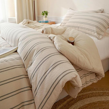 Cyusri Cotton Stripe Twin Comforter Set - Soft Lightweight Bedding 2 Pieces Dyed Bed Set with 1 Pillow Shams,Reversible All Season Farmhouse Down Alternative(Twin Size 68"x90" Beige)