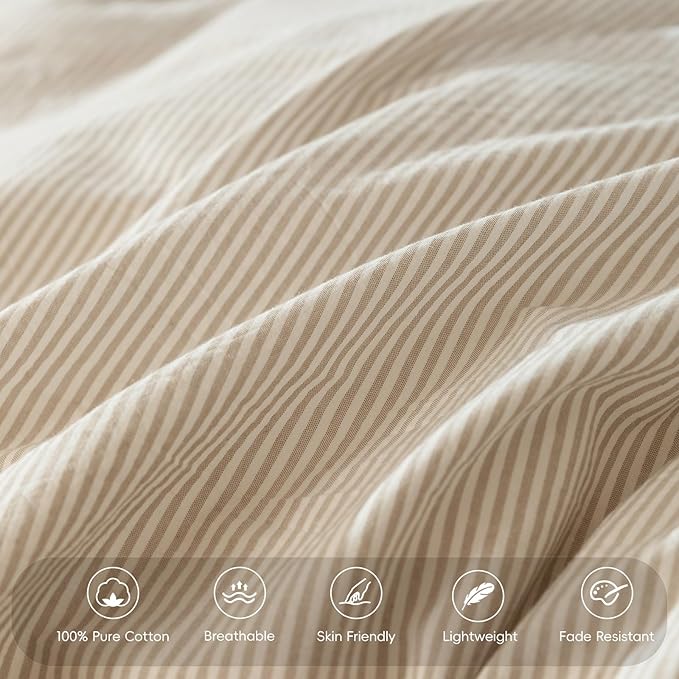MooMee Bedding Pillowcases Striped Pack of 2 100% Washed Cotton Linen Like Textured Breathable Durable Soft Comfy (Tannish Linen Grey White Pinstripes, Standard)