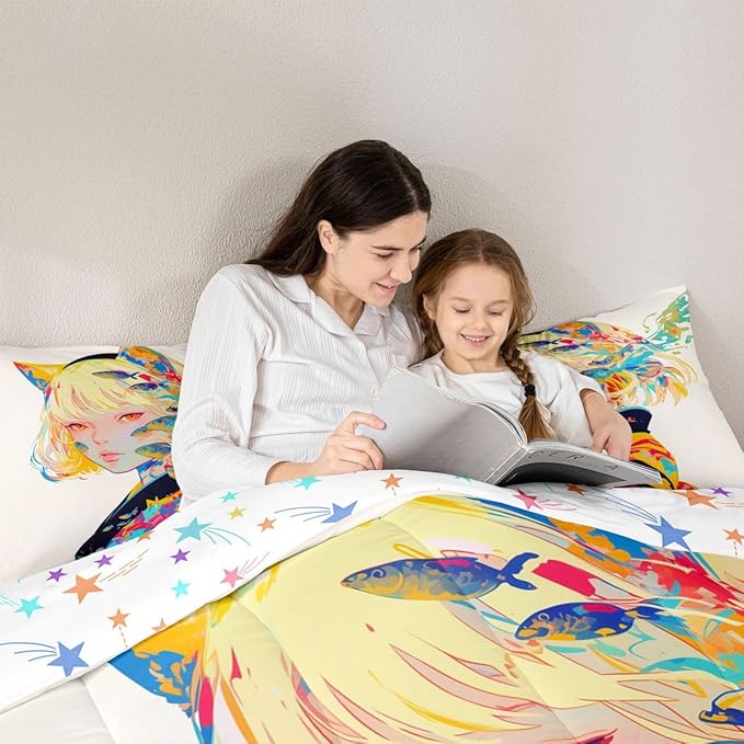 Erosebridal Anime Girl Bedding Cartoon Printed Twin Comforter Set for Kids Toddler Girls 3D Colorful Design Bedding Comforter Sets Super Soft Breathable Quilt for All Season,1 Comforter 1 Pillowcase