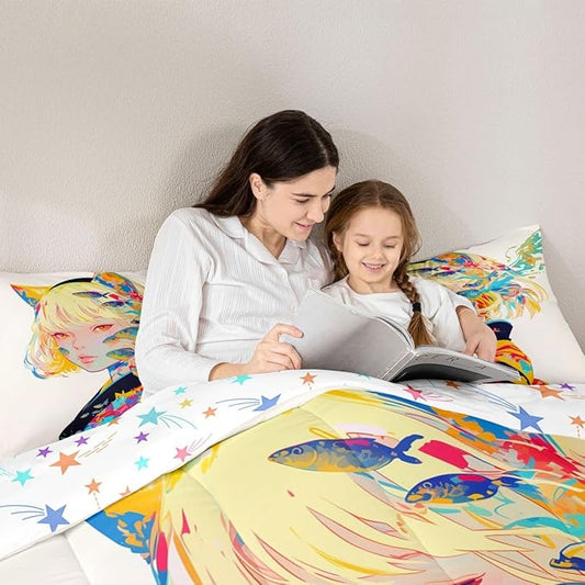 Erosebridal 3D Bedding Comforter Sets - Japanese Girl Style Full for Cartoon Fans - Kawaii Design Pattern Duvet Insert with 2 Pillow Cases