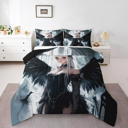Erosebridal Anime Girl Bedding Set King Size, Kawaii Japanese Anime Comforter for Kids Boys Teens Adult, Cartoon Girl Quilt Japan Animation Bedroom Decor, Machine Washable, Black White
