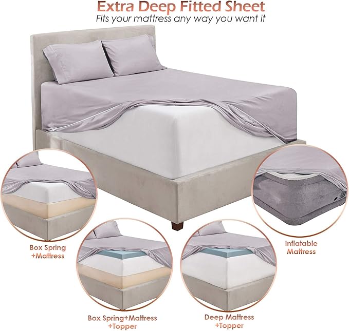 Hearth & Harbor Extra Deep Pocket King Size Sets - Fits Mattress 18-24 Inches Deep - Extra Deep Pocket Sheets - 6 Piece King Size - Light Lavender