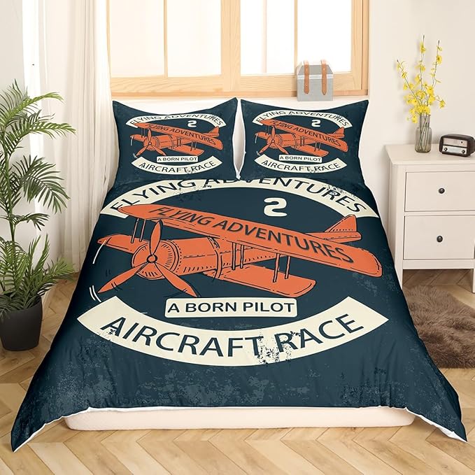 Castle Fairy Retro Aircraft Bedding Set for Kids Boys Girls,Vintage Airplane Orange Painting Comforter Cover Cute Room Decor,Flying Adventure Helicopter Duvet Cover,Full Size Quilt Cover,No Comforter