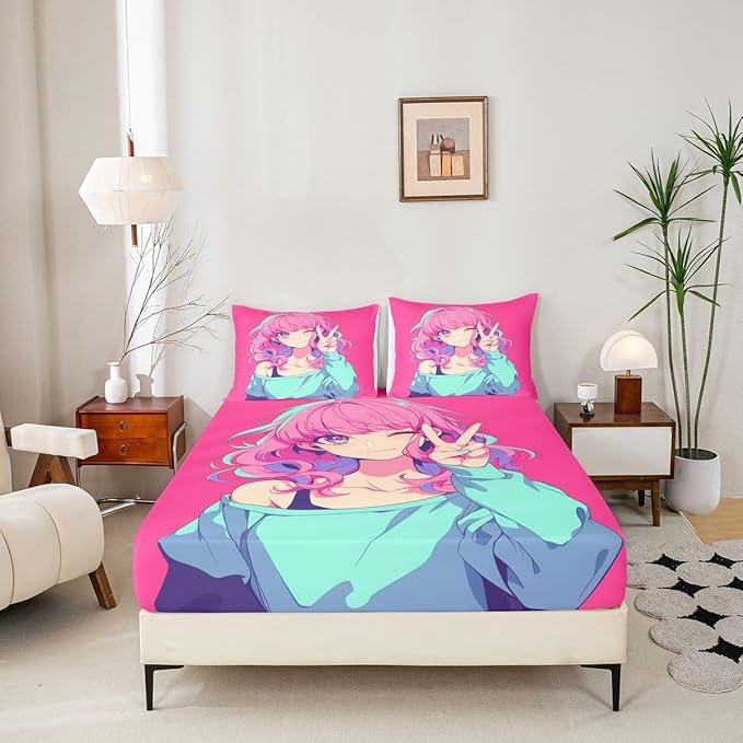 Japanese Anime Bedding Set 3D Anime Girl Fitted Sheet, Kawaii Japanese Style Bed Sheets Cartoon Uniform Girl Sheets Hot Pink Room Decor, Queen 3Pcs, 1 Fitted Sheet 2 Pillowcases (No Top Sheet)