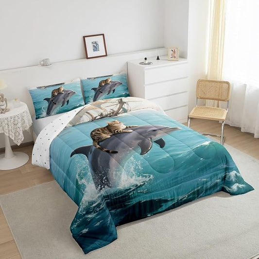 Erosebridal Kawaii Cat Comforter Set Full Size Dolphin Quilt Insert for Kids Girls Boys Cute Kitten Sea Waves Natural Ocean Blue Yellow Comforter Warm Soft Bedding Set