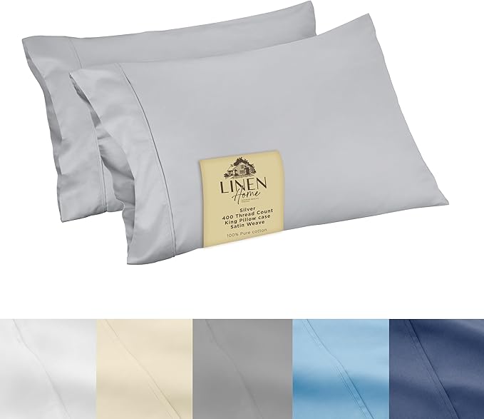 Linen Home 400 Thread Count King Pillowcase Set | 100% Long-Staple Cotton Pillow Cases | Soft & Smooth Luxury Satin Set of 2 Pillowcases | 4 Inch Z Hem | Silver