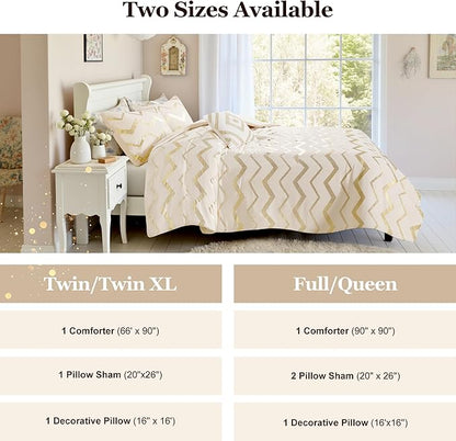 Codi Teen Bedding Set Twin Size, Cute Ivory & Gold Comforter Sets for College Dorm Girls, 3 Pieces - All Seasons Warm