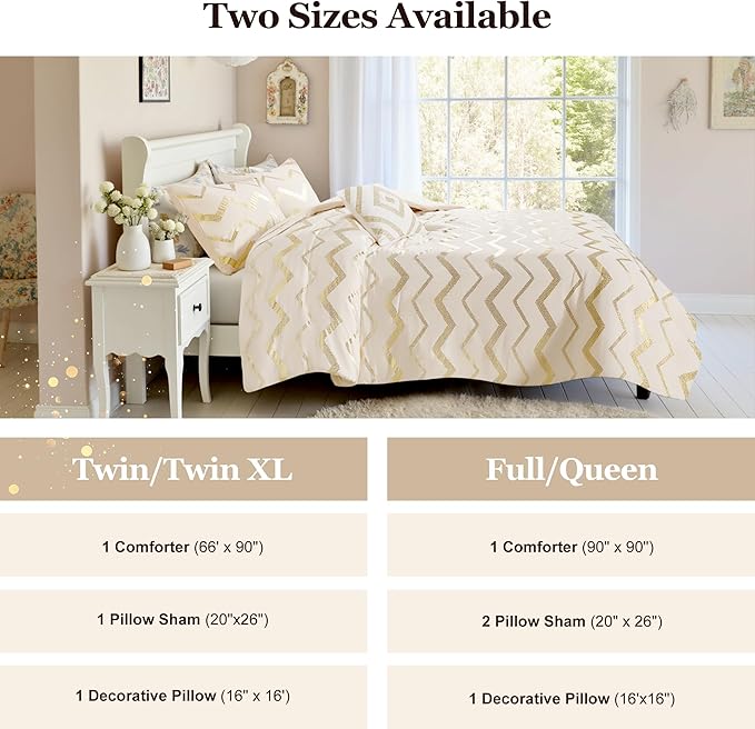 Codi White and Gold Bed Comforter Set, Cute Queen and Full Size Golden Teen Girls Bedding, 4 Pieces - All Seasons Warm