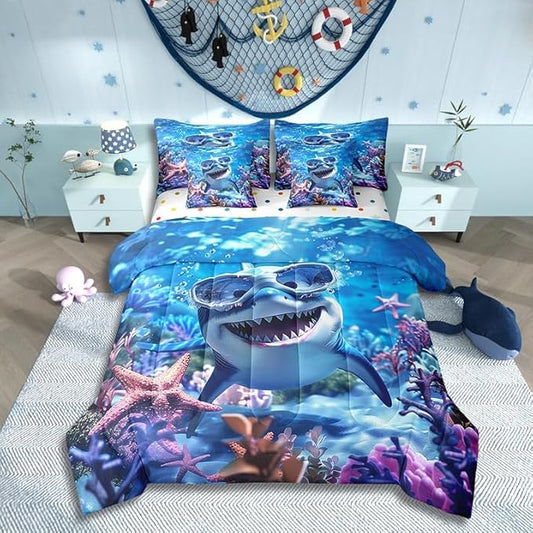 Cartoon Shark Comforter Set King Size,Kawaii Marine Fish Animal Bed Set 7pcs with Comforter,Fitted Sheet,Flat Sheet,2 Pillowcases,2 Throw Pillow Covers,Colorful Starfish Coral Bedding Set