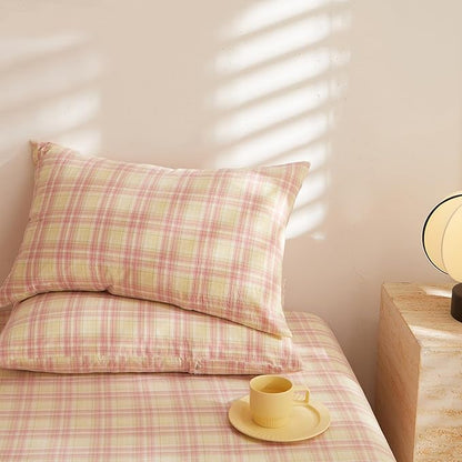 EAVD Yellow and Pink Plaid Duvet Cover Full Soft Washed Cotton Gingham Duvet Cover Set 3 Pieces Modern Grid Checkered Bedding Set with 2 Pillowcases Zipper Closure for All-Season