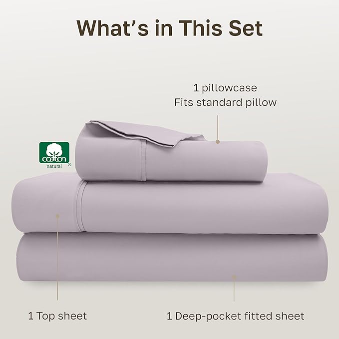 California Design Den Soft Twin Sheets Set - 400 Thread Count Sateen, Natural 100% Cotton Sheets, Deep Pockets, and Durable Bedding Set for Dorm Rooms & Adults - Dusky Lavender Grey