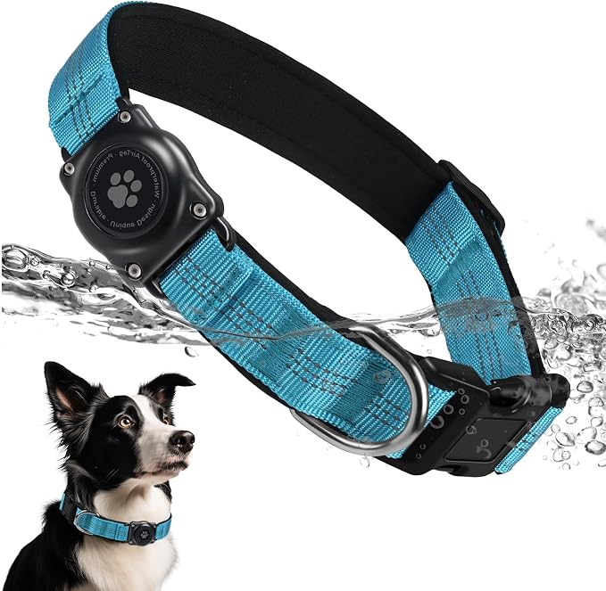 Upgrade Dog Collar with AirTag Holder, IP68 Waterproof, Blue, XS | Built-in Water Resistant AirTag holder, 1000D Nylon, Reflective Stitching for Night Visibility, Soft padding for Comfort