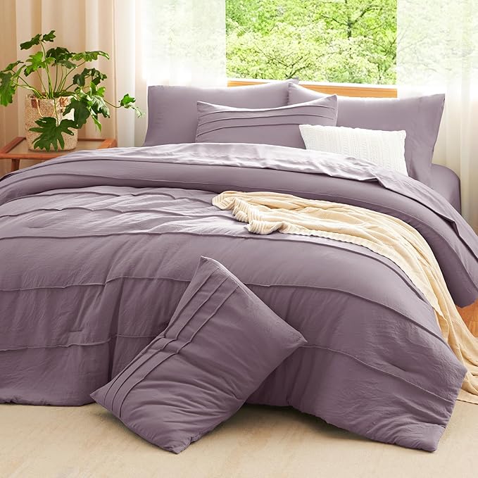 CozyLux Full Size Comforter Sets Dusty Purple, 7 Pieces Soft Pinch Pleat Bed in a Bag Full Comforter Set with Sheets, Boho Bed Set with Down Alternative Comforter, Sheets, Pillowcases & Shams
