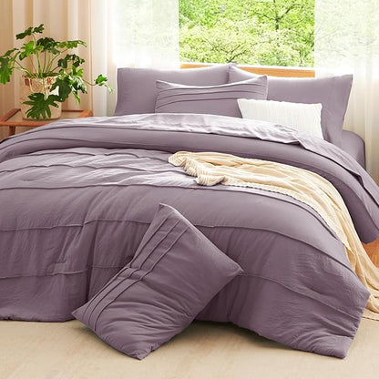 CozyLux Queen Comforter Set Dusty Purple, 7 Pieces Soft Pinch Pleat Bed in a Bag Queen Comforter Set with Sheets, Boho Bed Set with Down Alternative Comforter, Sheets, Pillowcases & Shams