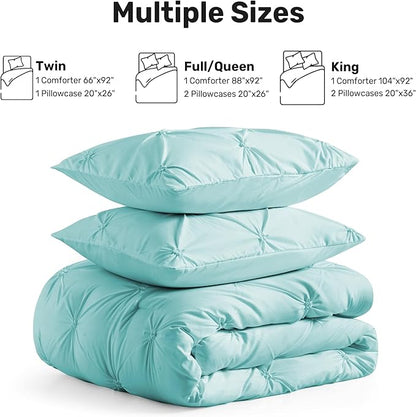 UNIKOME King Size Comforter Set Aqua Blue - Ultra Soft Boho Pintuck Down Alternative Bedding Set for All Seasons, 3 Pieces Lightweight Warm Pinch Pleat Bed Set with Comforter, 2 Pillowcases