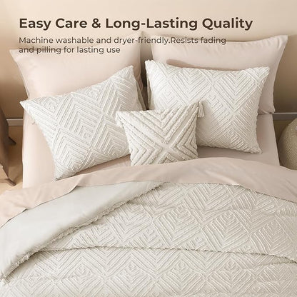 Litanika Beige Oversized King Size Comforter, 3 Pieces Cream Tufted Boho Farmhouse Bedding Comforter Sets, Lightweight Fluffy Bed Set for All Season (120x98In Comforter and 2 Pillowcases)