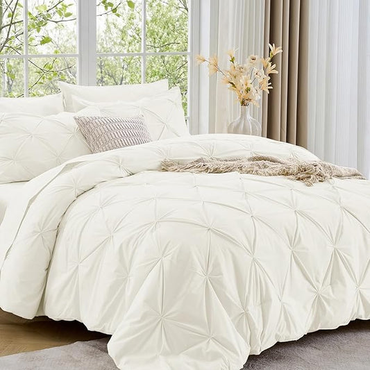 Sasttie Twin Comforter Set, 5-Piece Bed in a Bag, Pintuck Bedding Sets for All Season, Includes Comforter, Flat Sheet, Fitted Sheet, Pillowcase and Pillowsham, Ivory