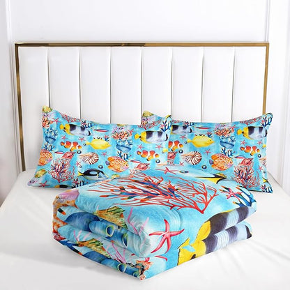 3 Piece Ocean Bedding Set,Blue Full Comforter Set for Boys Teens Girls,Tropical Fish Marine Life Quilt With 2 Pillowcase,Lightweight All Seasons Duvet Insert, Down Alternative Bed Comforter Set