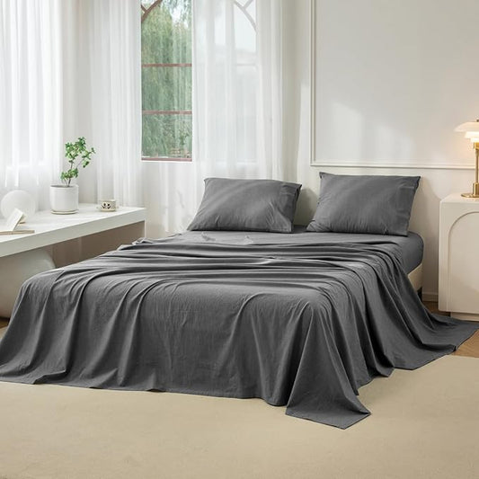 JIYUAN California King Size Sheet Set, 4-Piece - 100% Washed Cotton, Linen-Like Soft & Breathable, Includes Deep Pocket Fitted & Flat Sheet with 2 Pillowcases, Hotel Quality, Heathered Dark Grey