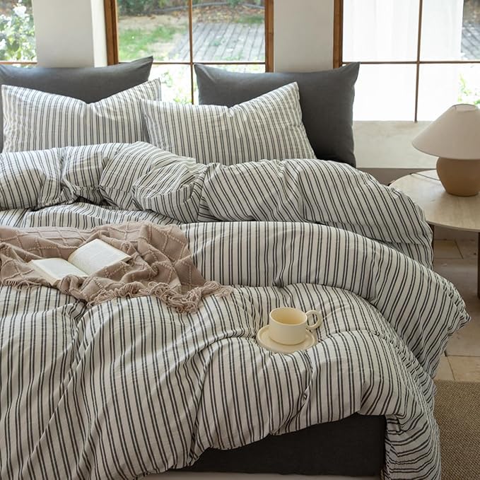 Striped Duvet Cover Set,100% Washed Cotton Line Like Breathable Trendy Bedding Set(Strip-White/Black,Twin)