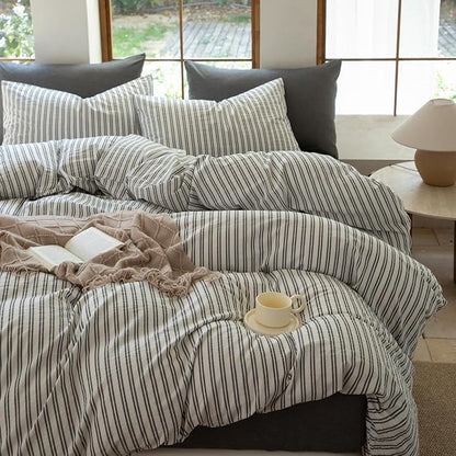 Striped Duvet Cover Set,100% Washed Cotton Line Like Breathable Trendy Bedding Set(Strip-White/Black,Twin)