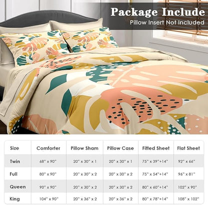 Comforter Set Queen Size, Monstera Palm Leaf Botanical 7 Pcs Bedding for Kids and Adults, Spring Summer Green Bed Sheet Sets with Fitted Sheet 2 Pillowcase & 2 Sham for Bedroom Bed Decor