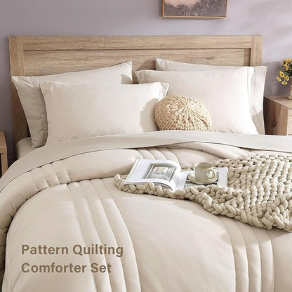 Monbix Oversized Queen Comforter Set - 7 Pieces Apricot Beige Bed in a Bag Oversized Queen Bedding Sets with Comforters, All Seasons Comforter Bed Set with Sheets,Pillowcases & Shams