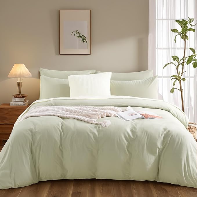 NEXHOME PRO Duvet Cover Set Super King 108"x98" Linen Feel Textured Organic Natural 100% Washed Cotton Duvet Cover 3 Pieces Bedding Set Zipper Closure, Breathable, Soft, Mint Green (No Comforter)