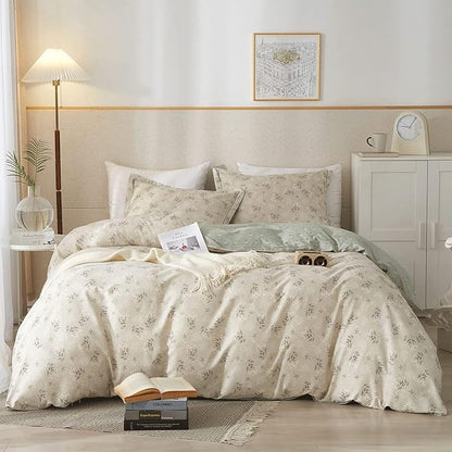 VM VOUGEMARKET Vintage Flower Duvet Cover Set Full Cotton Girls Aesthetic Bedding Set Reversible Floral Duvet Cover with 2 Pillow Shams,Blooming Comforter Cover with Zipper-Gray Green