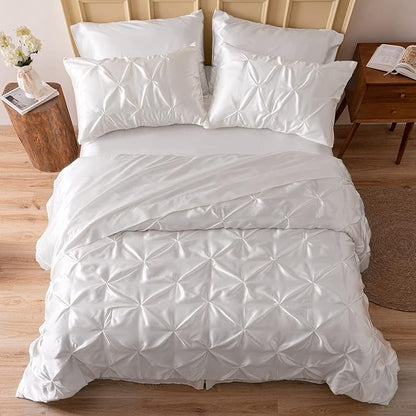 MR&HM Satin Comforter Twin XL 5 Pieces - Luxurious Pinch Pleat Bedding Set with Comforter, Flat Sheet, Fitted Sheet, Pillowcase & Sham, Super Silky Soft Bed Set for All Season (Twin XL, Ivory)