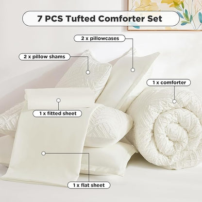 Andency Oversized King Size Comforter Set 7 Pieces Ivory - Bed in a Bag Oversized King Boho Lightweight Fluffy Tufted Bedding Sets with Comforter, Sheets, Pillowcases & Shams