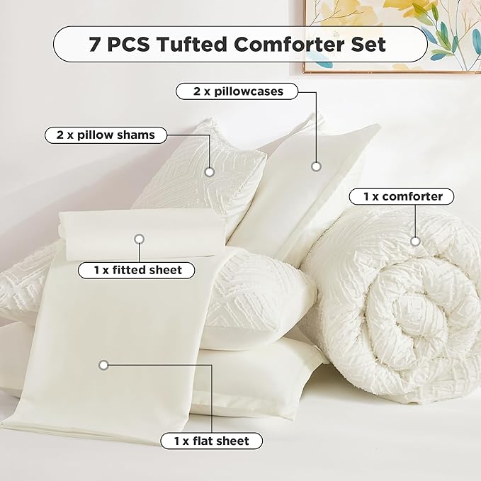 Andency King Size Comforter Set 7 Pieces Ivory - Bed in a Bag King Boho Lightweight Fluffy Tufted Bedding Sets with Quilt Comforter, Sheets, Pillowcases & Shams