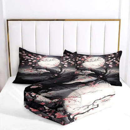 Japanese Style Cherry Blossom Comforter Set Queen Pink Cherry Blossoms Bedding Black Floral Bedding Set 3Pcs Oriental Comforter Asian Art Decorative Bedding Comforter Set for All Season