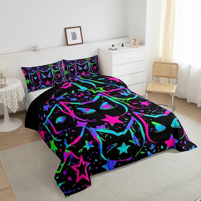 Erosebridal Cartoon Cat Bedding, Black Cat Comforter Set for Kids Girls Boys Teens, Ombre Glowing Neon Stars Down Comforter, Kawaii Kitten Duvet Insert, Gradient Galaxy Quilt, King
