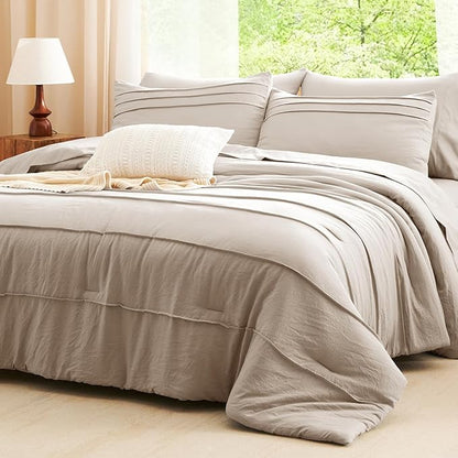 CozyLux Full Size Comforter Sets Wheat, 7 Pieces Soft Pinch Pleat Bed in a Bag Full Comforter Set with Sheets, Boho Bed Set with Down Alternative Comforter, Sheets, Pillowcases & Shams