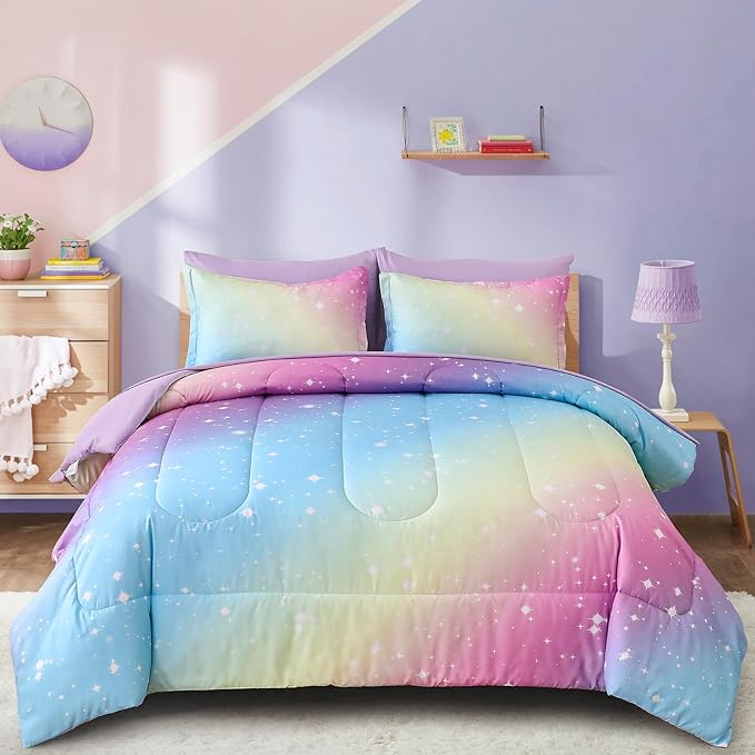 Drucon Rainbow Comforter Set Twin Size for Teen Girl &Boys,6 Pieces Bed in A Bag Blue Blush Rainbow Bedding Set Twin Size(1 Comforter, 1 Flat Sheet, 1 Fitted Sheet, 1 Pillow sham, 2 Pillowcases)