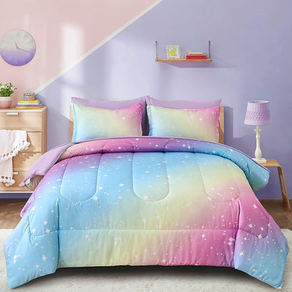 Drucon Rainbow Comforter Set Queen Size for Teen Girl &Boys,7 Pieces Bed in A Bag Blue Blush Rainbow Bedding Set Queen Size(1 Comforter, 1 Flat Sheet, 1 Fitted Sheet, 2 Pillow sham, 2 Pillowcases)